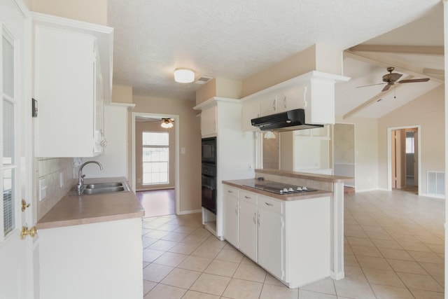 12503 Tall Forest Dr, Cypress, TX 77429 - kitchen with a sink, ceiling fan, under cabinet range hood, light tile patterned flooring, and a textured ceiling
