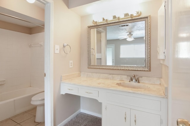 12503 Tall Forest Dr, Cypress, TX 77429 - bathroom with ceiling fan, toilet, vanity, shower / bath combination, and tile patterned floors