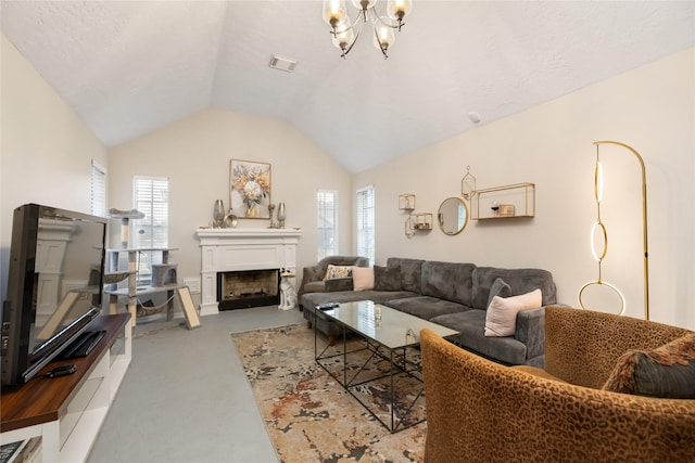 5227 Aberton Ln, Spring, TX 77379 - living room with concrete flooring, a fireplace, a chandelier, and vaulted ceiling