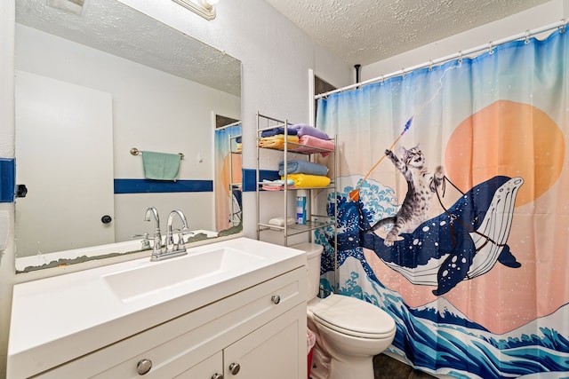 327 Brompton Ct, Highlands, TX 77562 - bathroom featuring a textured ceiling, toilet, vanity, and a shower with shower curtain