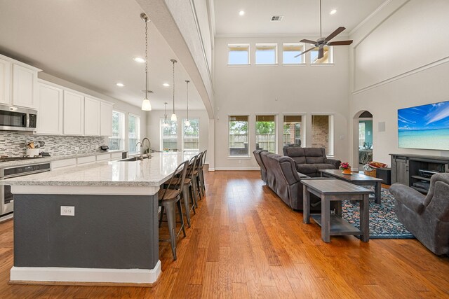 300 Bentside Pl, Clute, TX 77531 - kitchen featuring stainless steel appliances, open floor plan, a sink, a ceiling fan, and light wood-type flooring