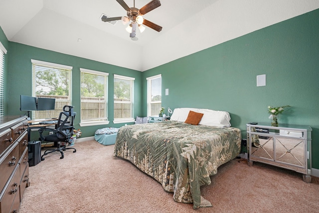 300 Bentside Pl, Clute, TX 77531 - carpeted bedroom with a desk, baseboards, ceiling fan, and lofted ceiling