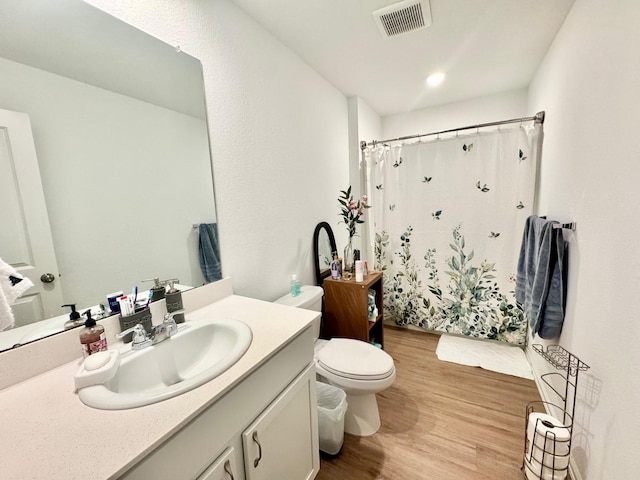 318 Riverwood Village Ln, Sealy, TX 77474 - full bath featuring wood finished floors, toilet, vanity, and curtained shower