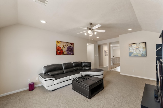 4610 Countrymeadows Dr, Spring, TX 77388 - living room with vaulted ceiling, a ceiling fan, carpet floors, recessed lighting, and baseboards