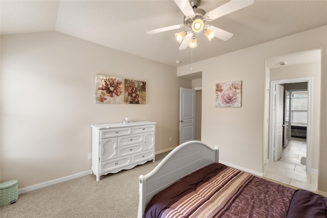 4610 Countrymeadows Dr, Spring, TX 77388 - bedroom featuring baseboards, a ceiling fan, light carpet, and vaulted ceiling