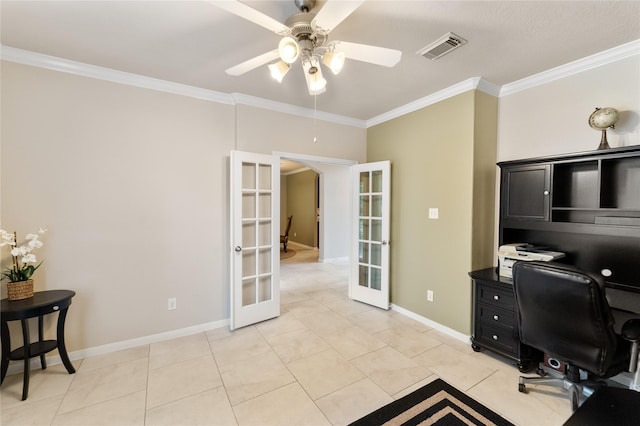 4610 Countrymeadows Dr, Spring, TX 77388 - office with french doors, crown molding, ceiling fan, baseboards, and light tile patterned floors