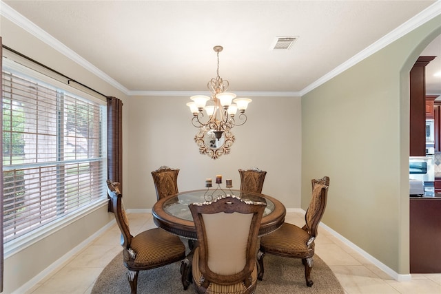4610 Countrymeadows Dr, Spring, TX 77388 - dining space with arched walkways, a chandelier, ornamental molding, baseboards, and light tile patterned flooring