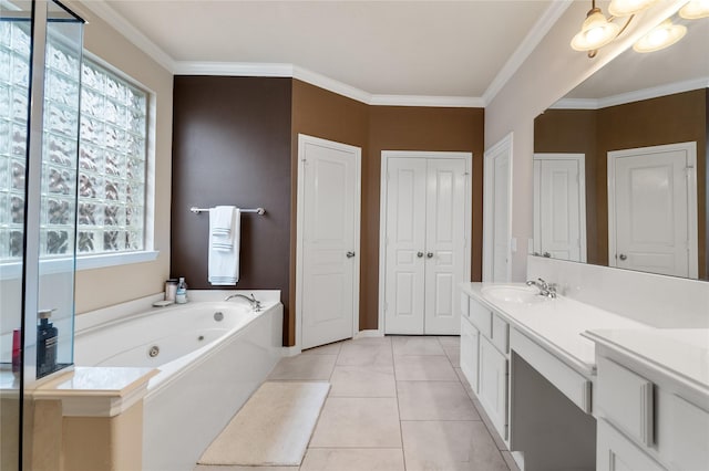 4610 Countrymeadows Dr, Spring, TX 77388 - full bathroom featuring a closet, vanity, a tub with jets, tile patterned flooring, and crown molding