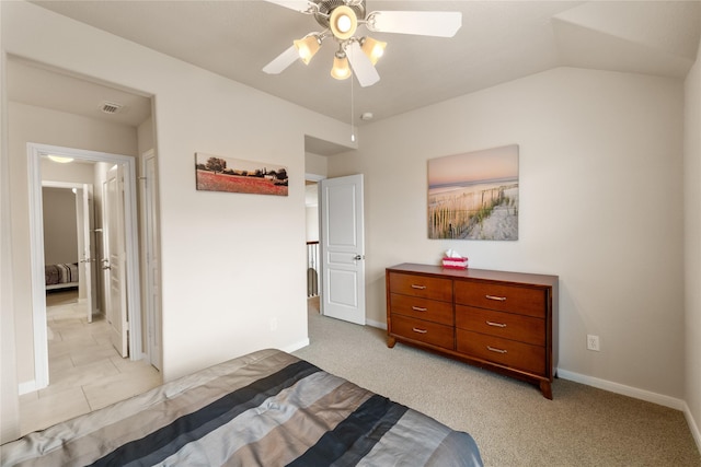 4610 Countrymeadows Dr, Spring, TX 77388 - bedroom featuring a ceiling fan, light colored carpet, baseboards, and lofted ceiling