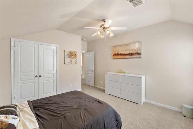 4610 Countrymeadows Dr, Spring, TX 77388 - bedroom featuring vaulted ceiling, light colored carpet, baseboards, ceiling fan, and a closet