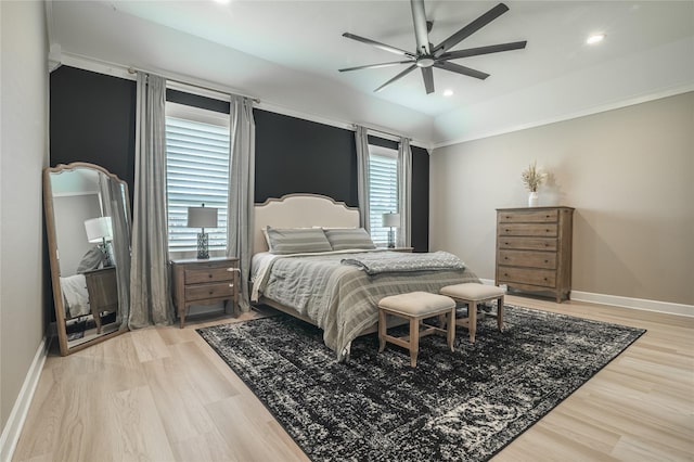 14424 Tunnel Tree Ct, Conroe, TX 77384 - bedroom with light wood-style flooring, baseboards, recessed lighting, a ceiling fan, and ornamental molding