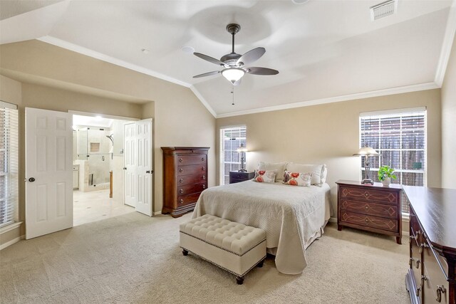 2718 Alderleaf Pl, Spring, TX 77388 - bedroom with vaulted ceiling, crown molding, light carpet, ensuite bathroom, and baseboards