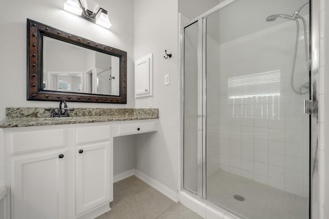 3935 Waverly Bnd, Katy, TX 77450 - bathroom featuring a stall shower, vanity, tile patterned floors, and baseboards