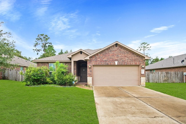 14021 Buffalo Gap Trl, Conroe, TX 77384 - ranch-style house with brick siding, driveway, a garage, and roof with shingles