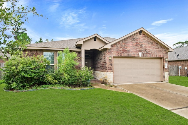 14021 Buffalo Gap Trl, Conroe, TX 77384 - ranch-style house with brick siding, a garage, a front lawn, driveway, and roof with shingles