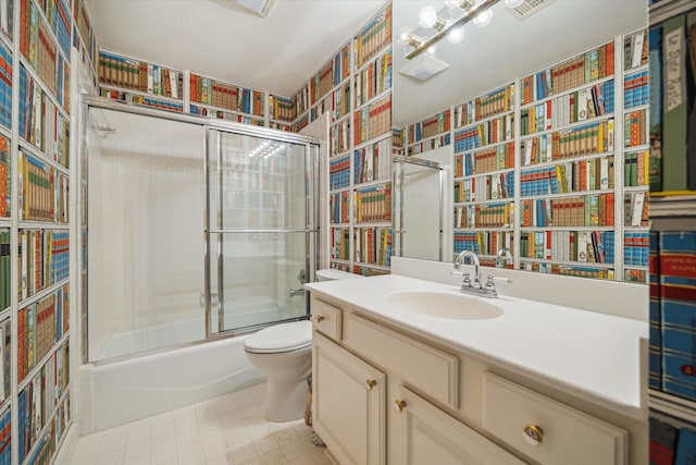 2628 Glen Haven Blvd, Houston, TX 77025 - bathroom with wallpapered walls, vanity, and combined bath / shower with glass door