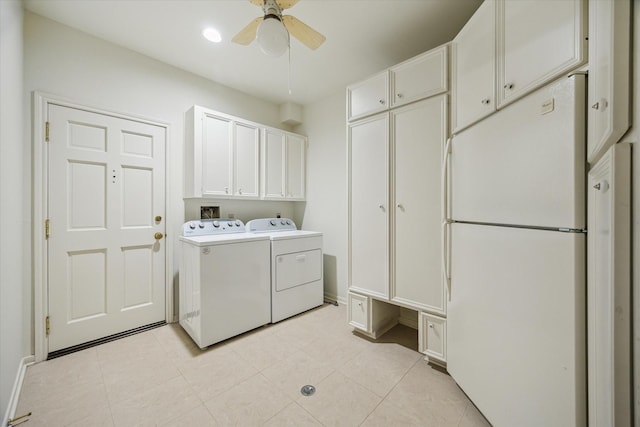 2628 Glen Haven Blvd, Houston, TX 77025 - laundry area with separate washer and dryer, ceiling fan, cabinet space, light tile patterned floors, and recessed lighting