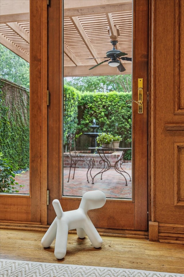 2628 Glen Haven Blvd, Houston, TX 77025 - detailed view of a ceiling fan, wood finished floors, and wooden walls