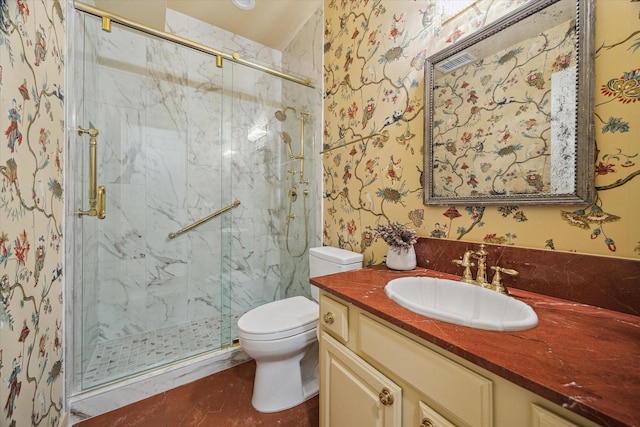 2628 Glen Haven Blvd, Houston, TX 77025 - full bathroom featuring wallpapered walls, vanity, and a marble finish shower