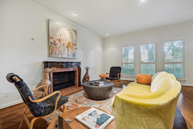 2628 Glen Haven Blvd, Houston, TX 77025 - living area featuring ornamental molding, wood finished floors, a premium fireplace, and recessed lighting