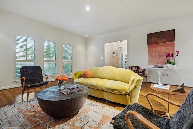 2628 Glen Haven Blvd, Houston, TX 77025 - living area with crown molding, wood finished floors, and recessed lighting