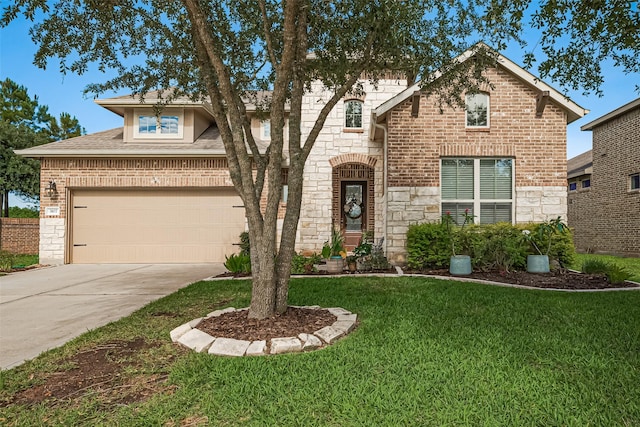 3107 Jane Way, Richmond, TX 77406 - view of front of house with stone siding, a front lawn, driveway, and brick siding