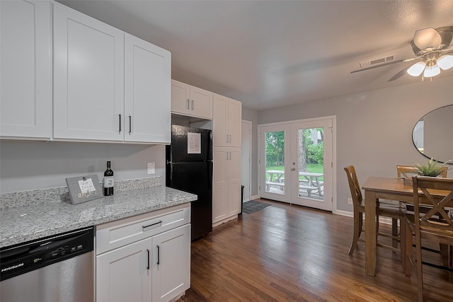 2218 Silverbonnet St, Houston, TX 77055 - kitchen featuring dishwasher, freestanding refrigerator, white cabinetry, ceiling fan, and dark wood finished floors