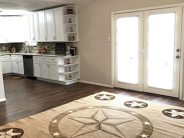 5734 Arthington St, Houston, TX 77053 - kitchen with open shelves, dishwashing machine, a sink, and dark wood-style floors