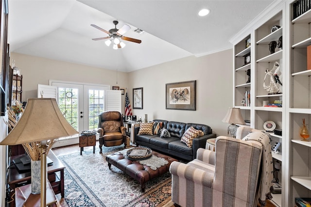 926 Grand Oaks Cir, College Station, TX 77840 - living area featuring a ceiling fan, french doors, vaulted ceiling, recessed lighting, and wood finished floors
