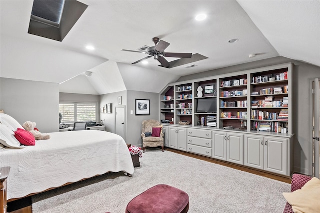 926 Grand Oaks Cir, College Station, TX 77840 - bedroom featuring lofted ceiling, recessed lighting, wood finished floors, and a ceiling fan