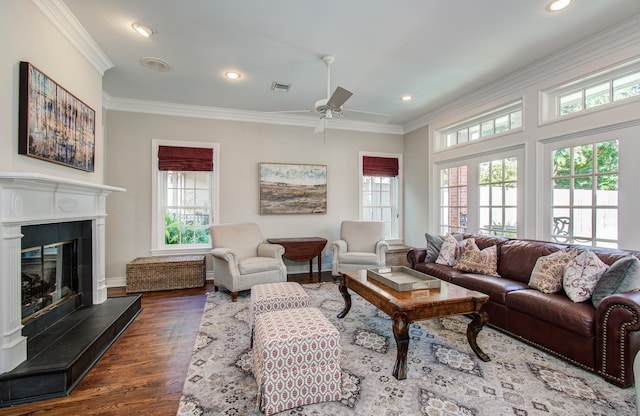 4516 Palmetto St, Bellaire, TX 77401 - living room with healthy amount of natural light, ornamental molding, ceiling fan, dark wood finished floors, and a glass covered fireplace