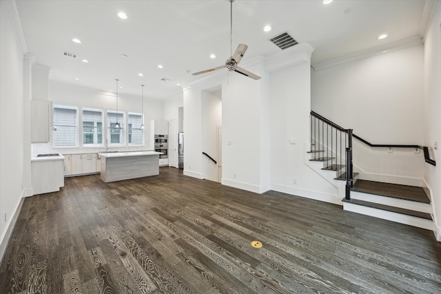 3405 Timbergrove Heights St, Houston, TX 77008 - unfurnished living room featuring a sink, ornamental molding, dark wood-type flooring, ceiling fan, and recessed lighting