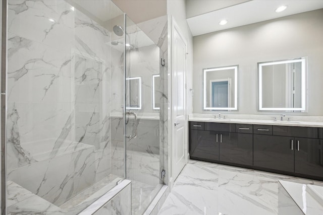 3405 Timbergrove Heights St, Houston, TX 77008 - full bathroom with a marble finish shower, double vanity, marble finish flooring, and recessed lighting