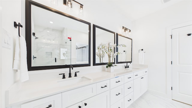 1637 Beall St, Houston, TX 77008 - full bathroom with double vanity, a marble finish shower, and marble look tiles