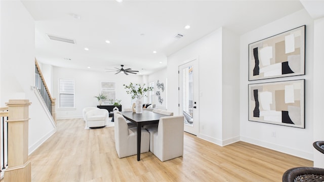1637 Beall St, Houston, TX 77008 - dining area featuring stairway, light wood finished floors, recessed lighting, and a ceiling fan