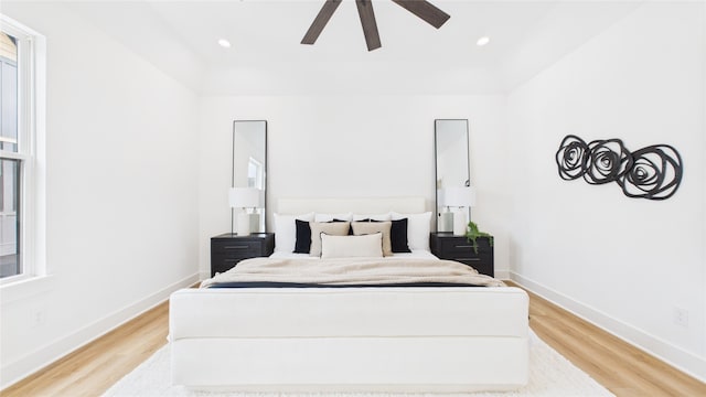 1637 Beall St, Houston, TX 77008 - bedroom featuring light wood-style flooring, ceiling fan, and recessed lighting