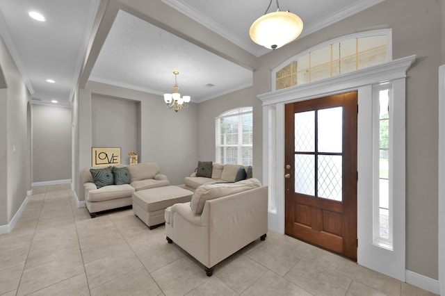 281 Berkley Dr, Montgomery, TX 77356 - foyer entrance with crown molding, light tile patterned floors, a chandelier, and recessed lighting