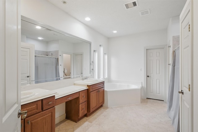 3602 Lindhaven Dr, Pearland, TX 77584 - full bathroom with a stall shower, double vanity, a garden tub, tile patterned floors, and recessed lighting