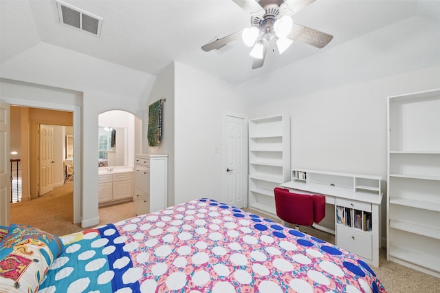 3602 Lindhaven Dr, Pearland, TX 77584 - bedroom featuring carpet flooring, arched walkways, lofted ceiling, and a ceiling fan