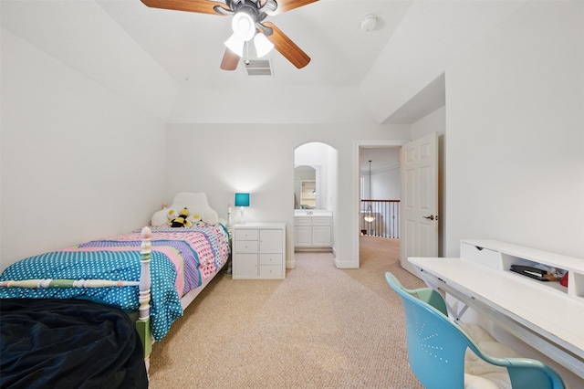 3602 Lindhaven Dr, Pearland, TX 77584 - bedroom with light colored carpet, lofted ceiling, and a ceiling fan