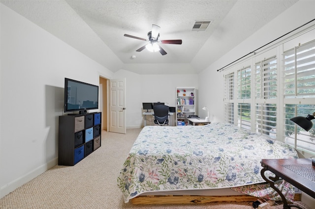 3602 Lindhaven Dr, Pearland, TX 77584 - bedroom with light carpet, baseboards, a textured ceiling, ceiling fan, and an office area