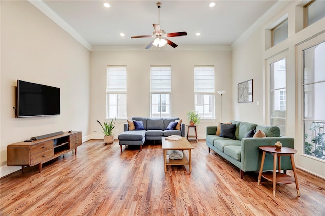1348 W 25th St, Houston, TX 77008 - living room with a ceiling fan, ornamental molding, baseboards, wood finished floors, and recessed lighting