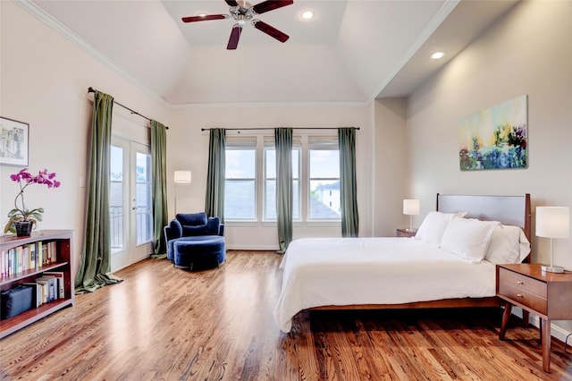 1348 W 25th St, Houston, TX 77008 - bedroom with wood finished floors, recessed lighting, lofted ceiling, and a ceiling fan