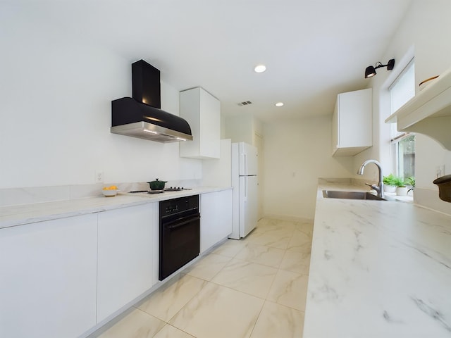 5631 Winsome Ln, Houston, TX 77057 - kitchen featuring white appliances, range hood, a sink, white cabinetry, and light marble finish floors