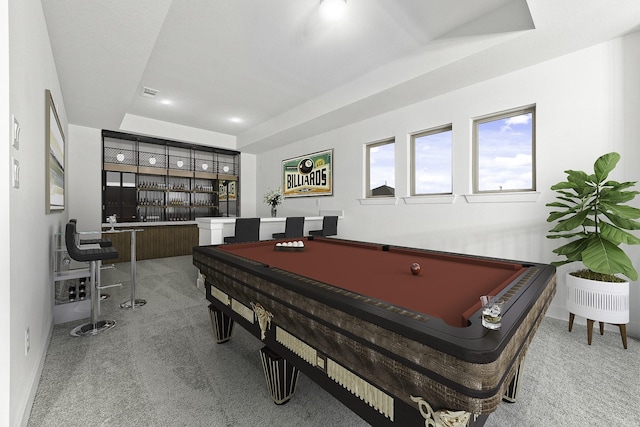 30419 Bermuda Hallow Bnd, Fulshear, TX 77423 - game room with carpet flooring, bar, billiards, and a raised ceiling