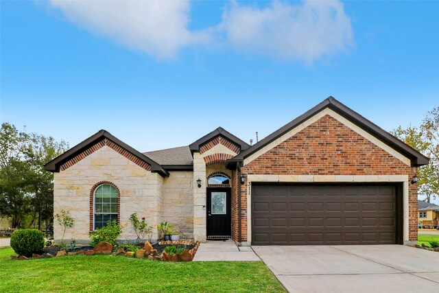 311 W Independence Dr, League City, TX 77573 - view of front of home featuring stone siding, brick siding, an attached garage, and a front yard