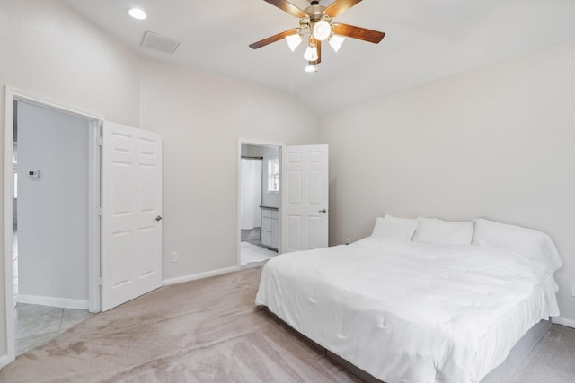 311 W Independence Dr, League City, TX 77573 - carpeted bedroom featuring vaulted ceiling, baseboards, ensuite bath, and ceiling fan