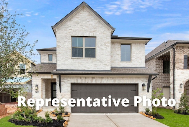 24718 Harrow Meadow Dr, Katy, TX 77493 - view of front of property with an attached garage, concrete driveway, a shingled roof, and brick siding