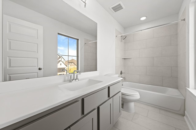 24718 Harrow Meadow Dr, Katy, TX 77493 - full bath with toilet, vanity, shower / bath combination, tile patterned flooring, and recessed lighting