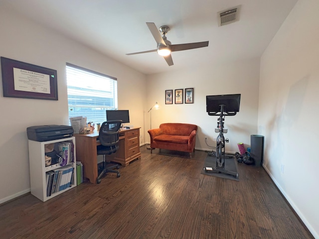 1919 Bailey St, Houston, TX 77006 - office with dark wood-style floors, a ceiling fan, and baseboards